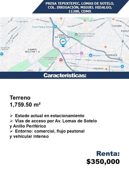 Lote en alquiler · Irrigación, Miguel Hidalgo, Ciudad de México